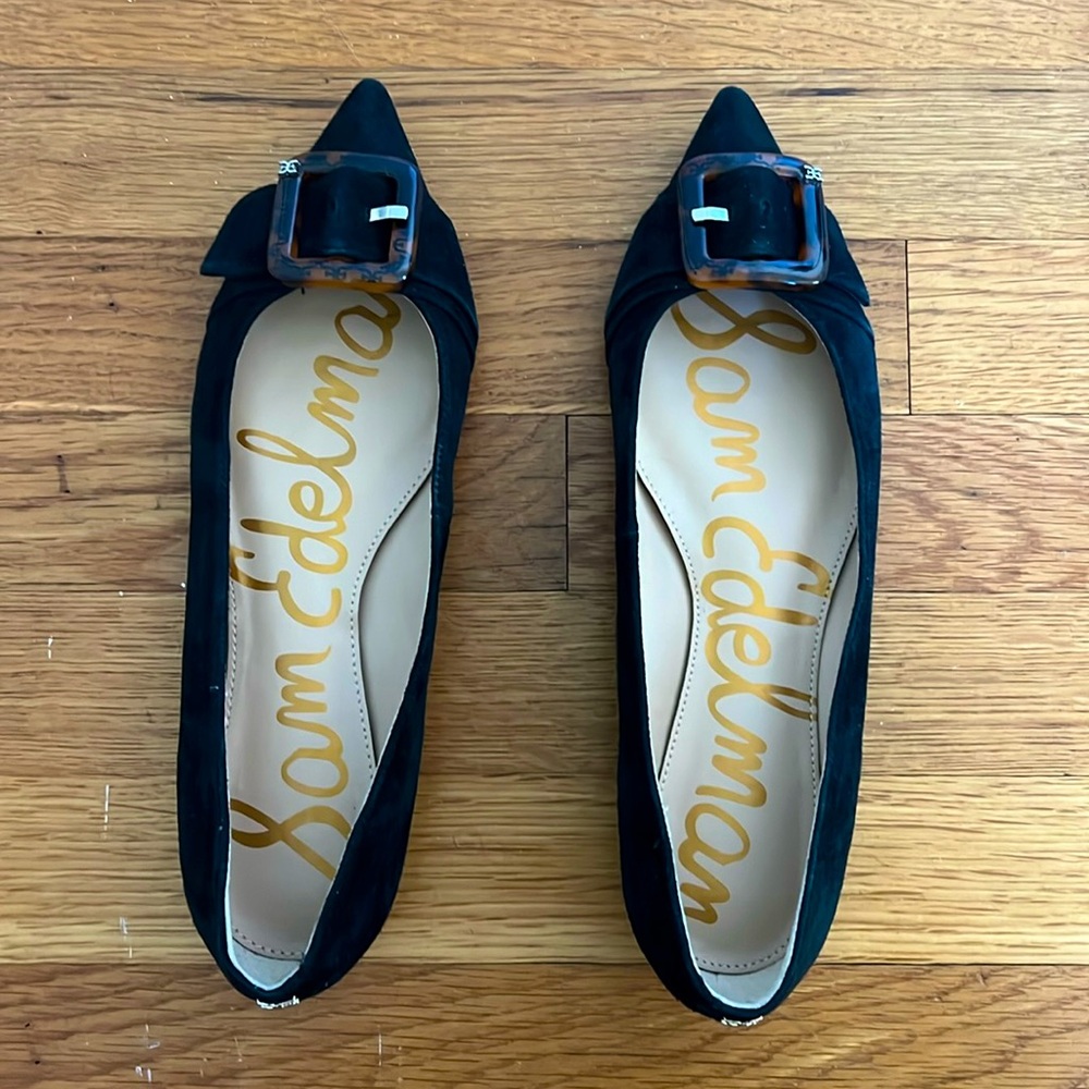 Sam Edelman Pointed Suede Black Flat with Tortoise Buckle